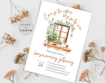 May include: A white invitation card with the text "Come for the cookies, stay for the view." The card features a watercolor illustration of a window with plants and a shelf. The text "housewarming gathering" is also present.