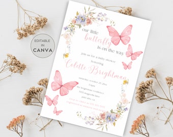 Butterfly Baby Shower Invitation, Whimsical Pink Butterfly Baby Shower Invitation Template, Baby Girl Shower, Editable Printable Template
