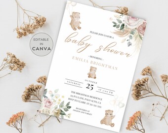 May include: A baby shower invitation with a watercolor floral design in shades of pink, white, and green. The invitation features a teddy bear holding balloons and the text "Please join us for a baby shower - Honoring Emilia Brightman - Saturday, October 25 at 2:00 PM. The Brightman Residence, 555 Iva Lane, Palo Alto, CA. RSVP to Claire at 555-555-5555. Registered at Amazon and Target."