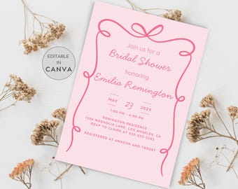May include: A pink bridal shower invitation with a decorative pink border and text. The invitation includes details such as the date, time, location, and RSVP information. The words "Editable in Canva" are in a circle in the upper left corner.