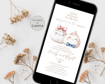 May include: A digital gender reveal invitation displayed on a smartphone screen featuring two illustrated dumplings with smiling faces, a pink bow, and a blue bowtie. The text reads: Little dumpling on the way, is it pink or blue today? Emily and Wyatt.