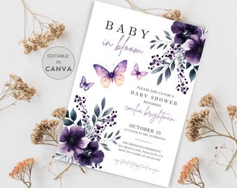 Baby in Bloom Invitation, Purple Wildflowers Baby Shower Invitation, Editable Printable Invitation, Baby Girl Butterfly Baby Shower, Florals