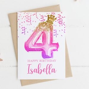 4th Birthday Card Girl, Girl Birthday Card, Personalized with Name, Floral Birthday Card for Girl, Four Birthday Card, Fourth Birthday Card