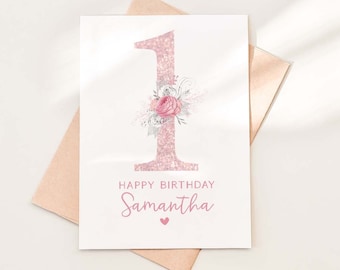 1st Birthday Card Baby Girl, Girl Birthday Card, Personalized with Name, Floral Birthday Card for Girl, One Birthday Card, First Birthday