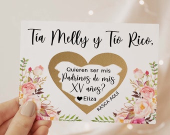 Spanish Godparents Quieren ser mis Padrinos de mis XV años? Proposal Scratch Off Card - Quince padrinos Card - quinceañera padrinos proposal