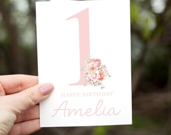 1st Birthday Card Baby Girl, Girl Birthday Card, Personalized with Name, Floral Birthday Card for Girl, One Birthday Card, First Birthday