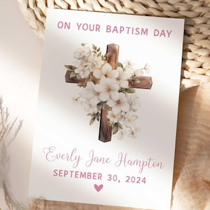 Baptism Card - On your baptism day card for child, personalized baptism card with name and date, floral baptism card for girl