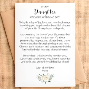 Daughter Wedding Day Card, For Daughter, From Mom, Sweet Wedding Card, Keepsake Card, Card for my Daughter, On your wedding day Daughter