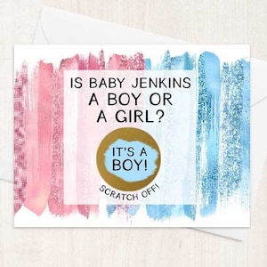 Scratch Off Gender Reveal Personalized Baby Boy or Girl Card - Pregnancy Announcement Gender Reveal with Metallic Envelope