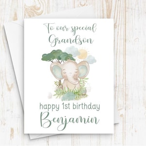 1st Birthday Card Baby, Birthday Card, For Grandson, Personalized with Name, Elephant Birthday Card, One Birthday Card, First Birthday