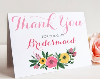 Thank You for being my Bridesmaid - Greeting Card Note Card - Thank You Card for Bridesmaid with Metallic Envelope Wedding Stationery