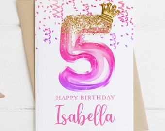 5th Birthday Card Girl, Girl Birthday Card, Personalized with Name, Floral Birthday Card for Girl, Five Birthday Card, Fifth Birthday Card