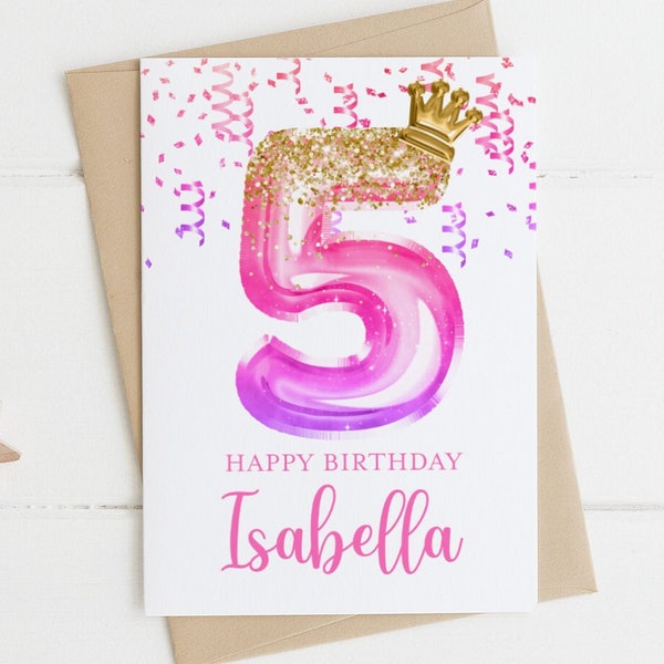 5th Birthday Card Girl, Girl Birthday Card, Personalized with Name, Floral Birthday Card for Girl, Five Birthday Card, Fifth Birthday Card