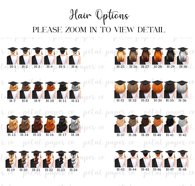May include: A graphic featuring various graduation hairstyles, each paired with a graduation cap and gown. The text "Hair Options" and "PLEASE ZOOM IN TO VIEW DETAIL" are displayed at the top. The image showcases a range of hair colors and styles.