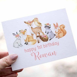 1st Birthday Card Baby Girl, Girl Birthday Card, Personalized with Name, Woodland Animal Birthday Card, One Birthday Card, First Birthday