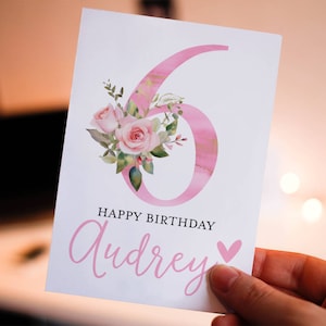 6th Birthday Card Girl, Girl Birthday Card, Personalized with Name, Floral Birthday Card for Girl, Six Birthday Card, Sixth Birthday Card