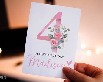 4th Birthday Card Girl, Girl Birthday Card, Personalized with Name, Floral Birthday Card for Girl, Four Birthday Card, Fourth Birthday Card