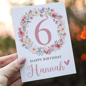 6th Birthday Card Girl, Girl Birthday Card, Personalized with Name, Floral Birthday Card for Girl, Six Birthday Card, Sixth Birthday Card