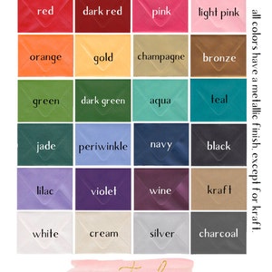 May include: A chart displaying 18 envelope colours offered by Petal Paper Co. The colours include red, dark red, pink, light pink, orange, gold, champagne, bronze, green, dark green, aqua, teal, jade, periwinkle, navy, black, lilac, violet, wine, kraft, white, cream, silver, and charcoal. All colours have a metallic finish except for kraft.