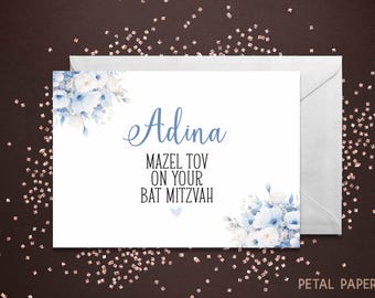 Bat Mitzvah Card, Mazel Tov on your Bat Mitzvah Card, Personalized with Name, Blue Floral Bat Mitzvah Card, Personalized Bat Mitzvah card