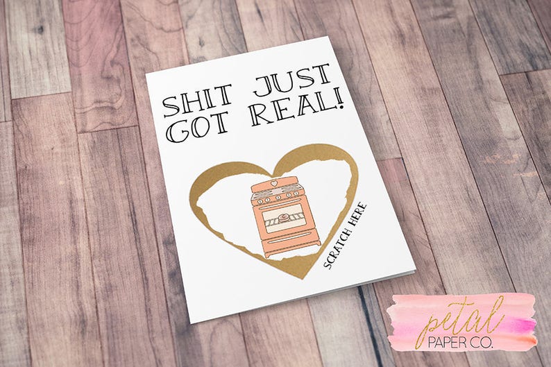 Scratch Off Sh*t just got real We/'re Pregnant Bun in the Oven Card Pregnancy Announcement We/'re Expecting w Metallic Envelope