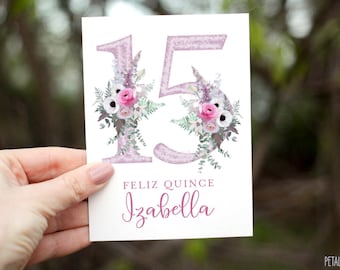 Quince Card, 15th Birthday Card, Quinceanera Birthday Card, Personalized with Name, 15th Birthday Card, Quince Birthday, Feliz Quince card