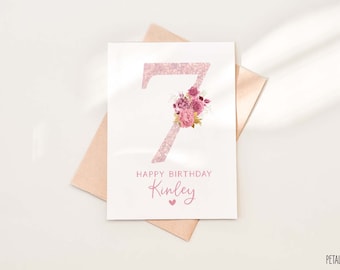 7th Birthday Card Girl, Girl Birthday Card, Personalized with Name, Floral Birthday Card for Girl, Seven Birthday Card, Seventh Birthday