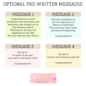 four pre-written messages, each with a different color background and text. The messages are intended to congratulate someone on their graduation, wishing them success and happiness as they take the next step into their future.