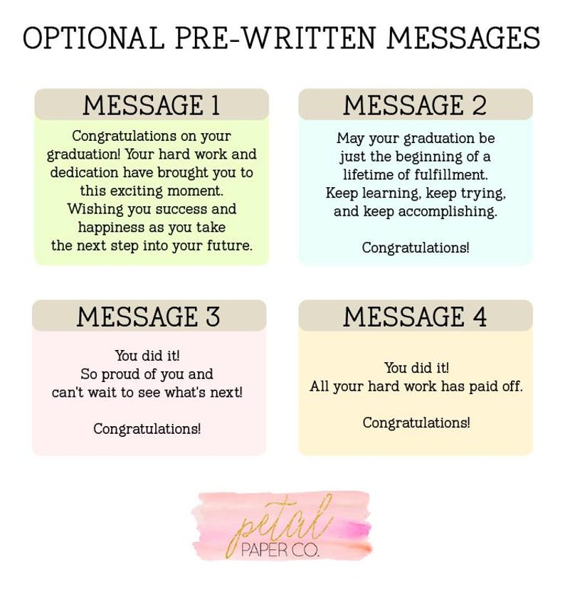 four pre-written messages, each with a different color background and text. The messages are intended to congratulate someone on their graduation, wishing them success and happiness as they take the next step into their future.