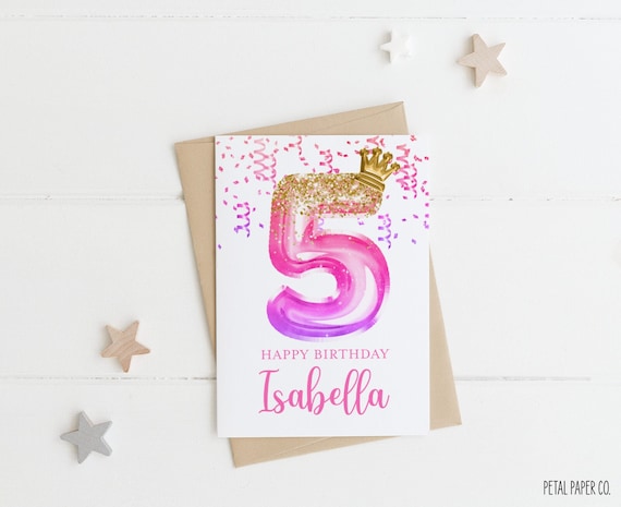 5th Birthday Card Girl, Girl Birthday Card, Personalized with Name, Floral Birthday Card for Girl, Five Birthday Card, Fifth Birthday Card