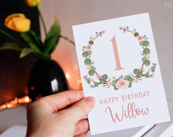 1st Birthday Card Baby Girl, Girl Birthday Card, Personalized with Name, Floral Birthday Card for Girl, One Birthday Card, First Birthday