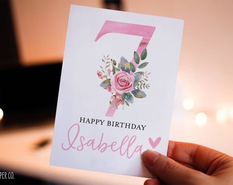 7th Birthday Card Girl, Girl Birthday Card, Personalized with Name, Floral Birthday Card for Girl, Seven Birthday Card, Seventh Birthday