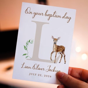 Personalized Baptism Card - On your baptism day card for child, personalized baptism card with name and date, deer baptism card for boy