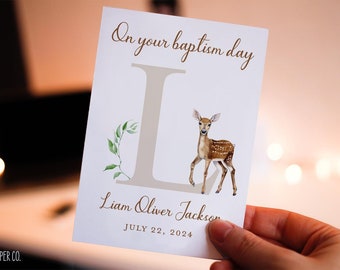 Personalized Baptism Card - On your baptism day card for child, personalized baptism card with name and date, deer baptism card for boy