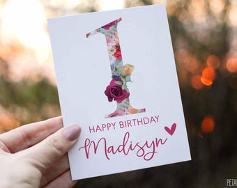 1st Birthday Card Baby Girl, Girl Birthday Card, Personalized with Name, Floral Birthday Card for Girl, One Birthday Card, First Birthday
