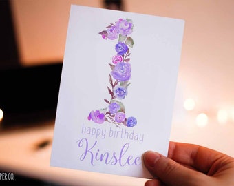 1st Birthday Card Baby Girl, Girl Birthday Card, Personalized with Name, Floral Birthday Card for Girl, One Birthday Card, First Birthday