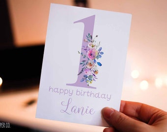 1st Birthday Card Baby Girl, Girl Birthday Card, Personalized with Name, Floral Birthday Card for Girl, One Birthday Card, First Birthday
