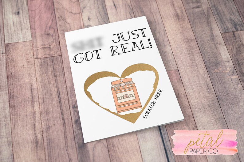 Scratch Off Sh*t just got real We/'re Pregnant Bun in the Oven Card Pregnancy Announcement We/'re Expecting w Metallic Envelope