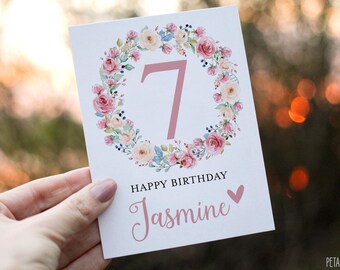 7th Birthday Card Girl, Girl Birthday Card, Personalized with Name, Floral Birthday Card for Girl, Seven Birthday Card, Seventh Birthday