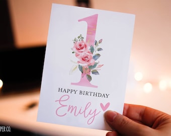 1st Birthday Card Baby Girl, Girl Birthday Card, Personalized with Name, Floral Birthday Card for Girl, One Birthday Card, First Birthday
