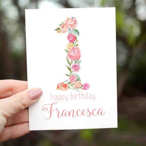 1st Birthday Card Baby Girl, Girl Birthday Card, Personalized with Name, Floral Birthday Card for Girl, One Birthday Card, First Birthday