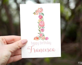 1st Birthday Card Baby Girl, Girl Birthday Card, Personalized with Name, Floral Birthday Card for Girl, One Birthday Card, First Birthday