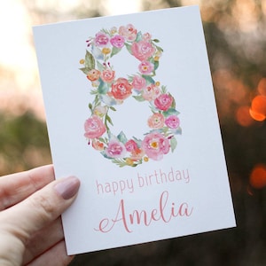 8th Birthday Card Girl, Girl Birthday Card, Personalized with Name, Floral Birthday Card for Girl, Eight Birthday Card, Eighth Birthday