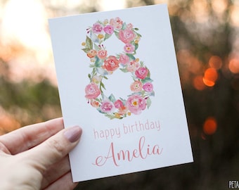 8th Birthday Card Girl, Girl Birthday Card, Personalized with Name, Floral Birthday Card for Girl, Eight Birthday Card, Eighth Birthday