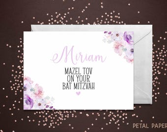 Bat Mitzvah Card, Mazel Tov on your Bat Mitzvah Card, Personalized with Name, Lavender Floral Bat Mitzvah Card, Personalized Bat Mitzvah