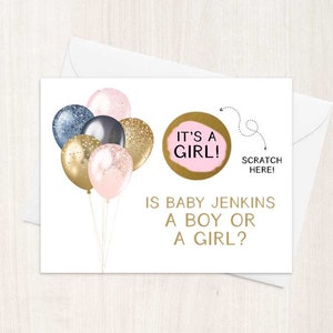 Scratch Off Gender Reveal Personalized Baby Boy or Girl Card - Pregnancy Announcement Gender Reveal with Metallic Envelope