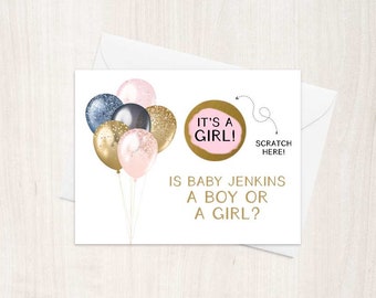 Scratch Off Gender Reveal Personalized Baby Boy or Girl Card - Pregnancy Announcement Gender Reveal with Metallic Envelope