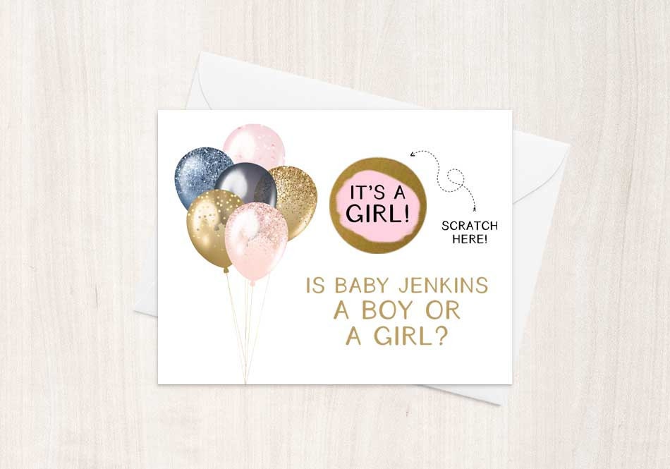 Scratch Off Gender Reveal Personalized Baby Boy or Girl Card - Pregnancy Announcement Gender Reveal with Metallic Envelope