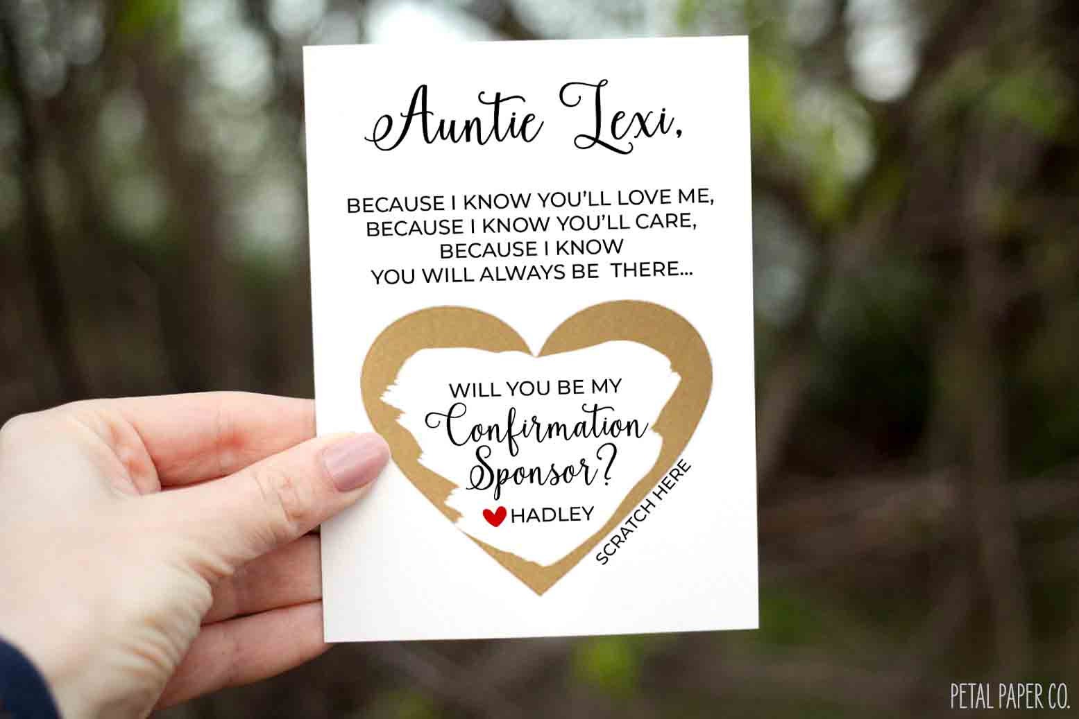 Will you be my Confirmation Sponsor? Scratch Off Card - Personalized CONFIRMATION SPONSOR Asking card with Metallic Envelope