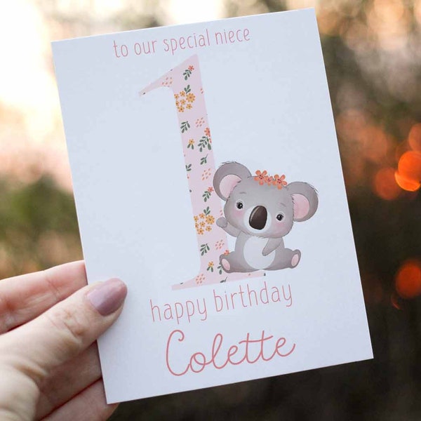 1st Birthday Card Baby Girl, Girl Birthday Card, For Niece, Personalized with Name, Koala Birthday Card, One Birthday Card, First Birthday